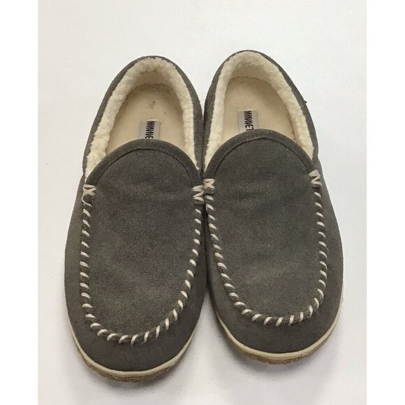 Minnetonka Fleece Lined Hardsole Moccasin Slippers Mens Sz 12 Gray Suede 🩶 - Picture 1 of 6